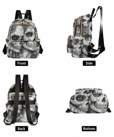 Women's Medium Fashion Backpack Black White Skulls Floral Print Ladies Travel Daypack Aesthetic Shoulder Bag 10.2×5.1×12.5 IN...