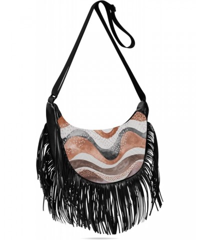 Abstract Brown Waves Stripes Fringe Bag for Women Cross Body Bag Tassel Shoulder Bag Satchel $11.88 Crossbody Bags