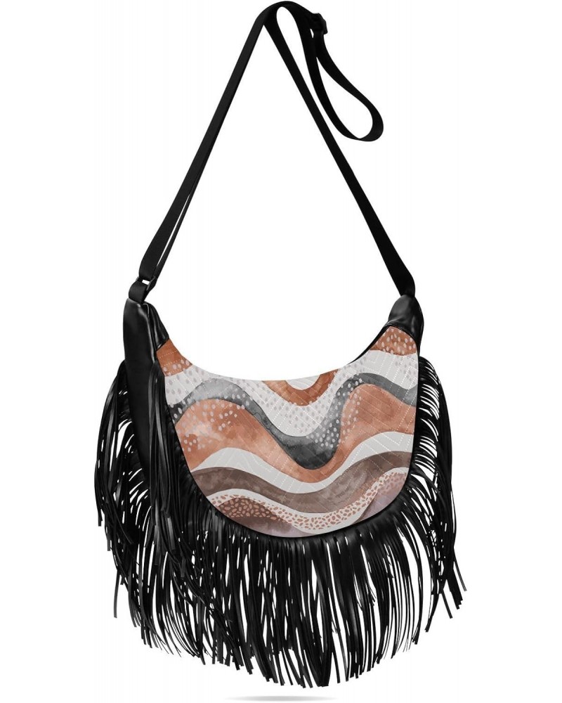 Abstract Brown Waves Stripes Fringe Bag for Women Cross Body Bag Tassel Shoulder Bag Satchel $11.88 Crossbody Bags