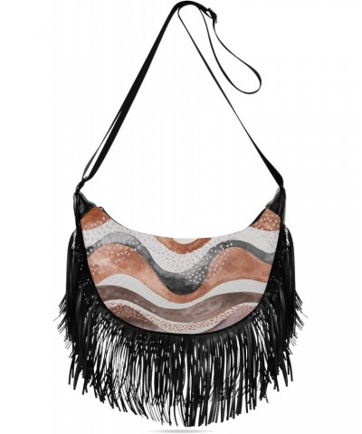 Abstract Brown Waves Stripes Fringe Bag for Women Cross Body Bag Tassel Shoulder Bag Satchel $11.88 Crossbody Bags