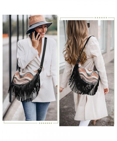 Abstract Brown Waves Stripes Fringe Bag for Women Cross Body Bag Tassel Shoulder Bag Satchel $11.88 Crossbody Bags