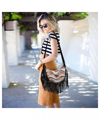 Abstract Brown Waves Stripes Fringe Bag for Women Cross Body Bag Tassel Shoulder Bag Satchel $11.88 Crossbody Bags