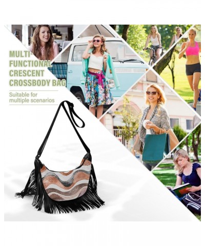 Abstract Brown Waves Stripes Fringe Bag for Women Cross Body Bag Tassel Shoulder Bag Satchel $11.88 Crossbody Bags