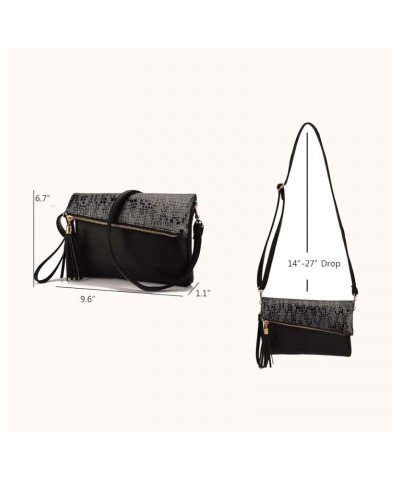 Women Tassel Fold Cover Sling Small Leather Crossbody Bag Handbag Purse Black Stone Pattern $10.75 Crossbody Bags