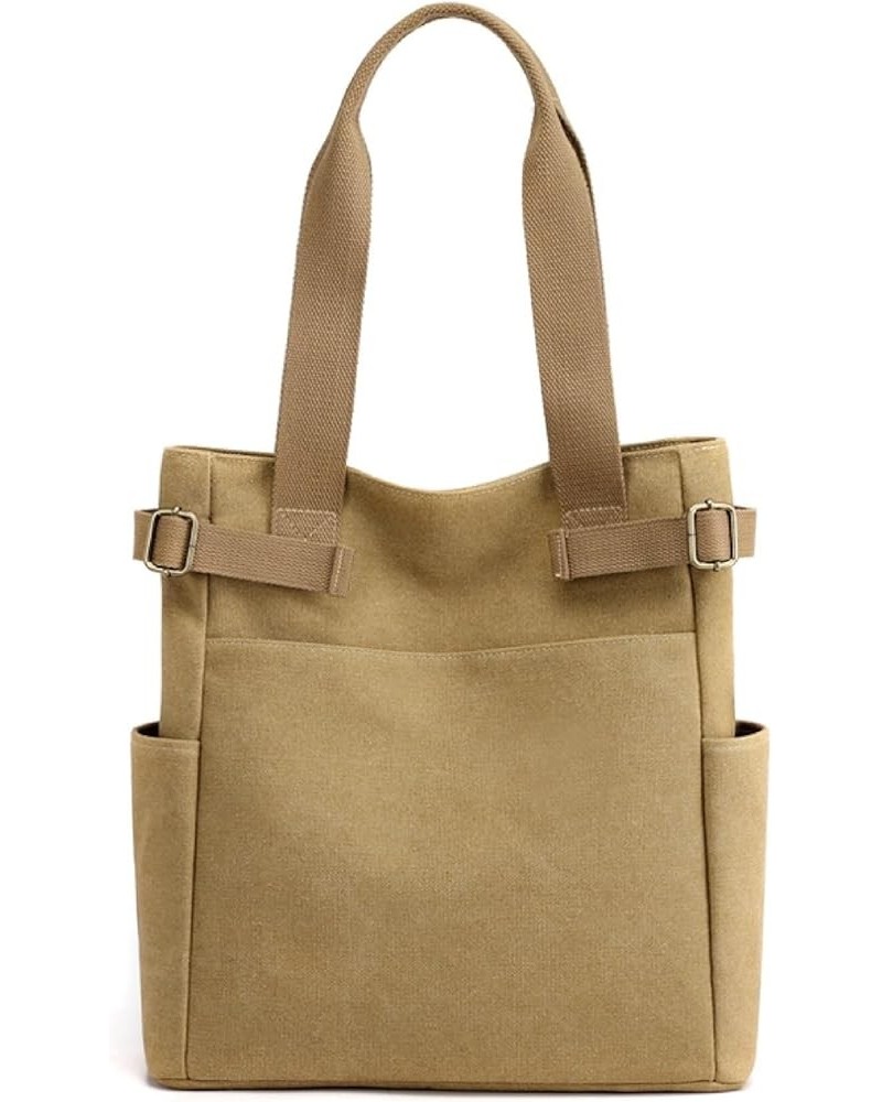 Women Canvas Tote Bag, Multi-Pocket Large Shoulder Bag Casual Handbag with Zipper for Work Daily Use Hobo Bags Khaki $22.38 C...