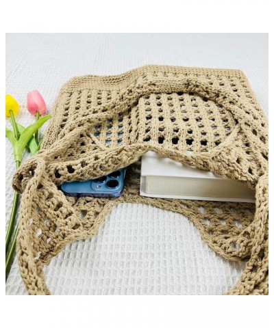 Women Fishing Net Handbag Hollow Out Knitting Shoulder Bag Solid Color Large Capacity Soft Woven Bag for Female Girls Khaki $...