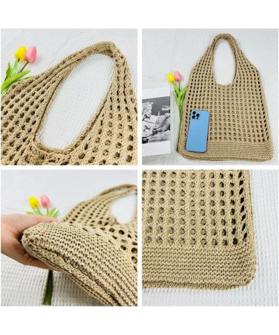 Women Fishing Net Handbag Hollow Out Knitting Shoulder Bag Solid Color Large Capacity Soft Woven Bag for Female Girls Khaki $...