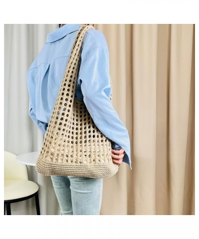 Women Fishing Net Handbag Hollow Out Knitting Shoulder Bag Solid Color Large Capacity Soft Woven Bag for Female Girls Khaki $...