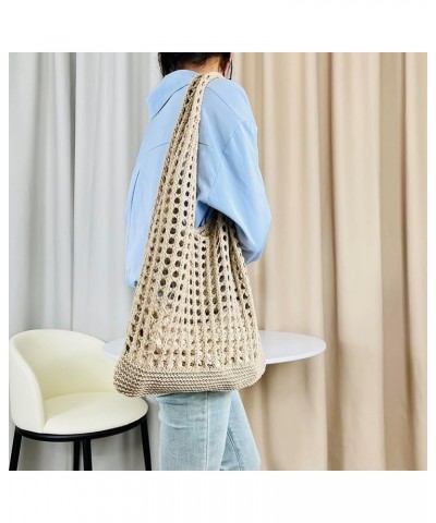 Women Fishing Net Handbag Hollow Out Knitting Shoulder Bag Solid Color Large Capacity Soft Woven Bag for Female Girls Khaki $...