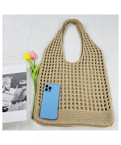 Women Fishing Net Handbag Hollow Out Knitting Shoulder Bag Solid Color Large Capacity Soft Woven Bag for Female Girls Khaki $...