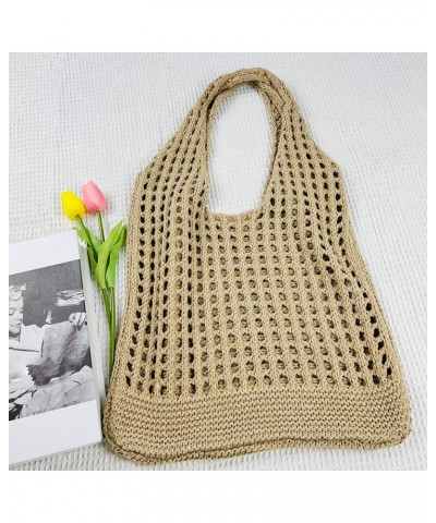 Women Fishing Net Handbag Hollow Out Knitting Shoulder Bag Solid Color Large Capacity Soft Woven Bag for Female Girls Khaki $...