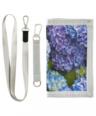 Chic Blue Hydrangea Flowers Trifold Wallet Fabric Wallet Small Nylon Wallet Card Wallet with Lanyard $9.68 Wallets