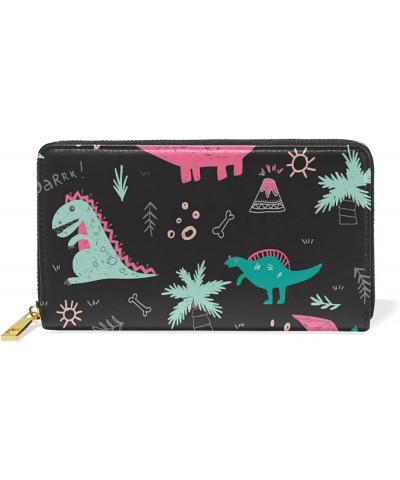 Pink Troquoise Dinosaur Dino Palm Leather Long Wallet Organizer with Zipper Purse Clutch Bag for Women Men 4.13"(L) x 7.48"(W...