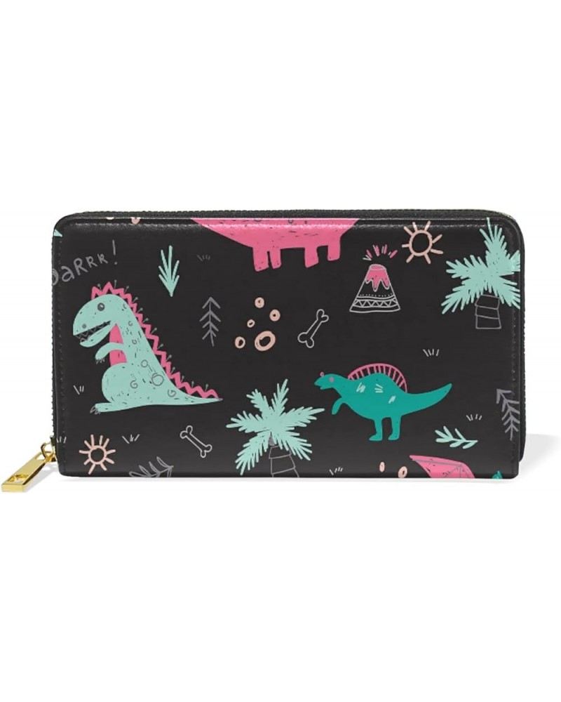 Pink Troquoise Dinosaur Dino Palm Leather Long Wallet Organizer with Zipper Purse Clutch Bag for Women Men 4.13"(L) x 7.48"(W...