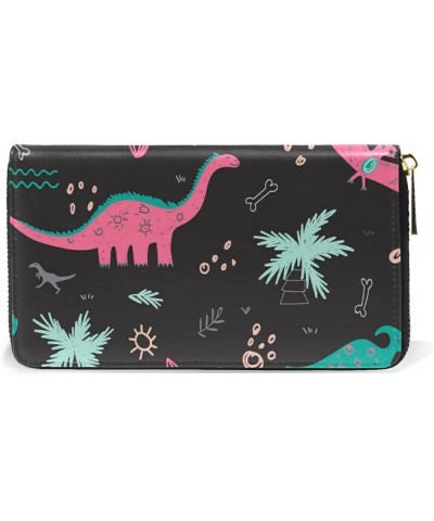 Pink Troquoise Dinosaur Dino Palm Leather Long Wallet Organizer with Zipper Purse Clutch Bag for Women Men 4.13"(L) x 7.48"(W...