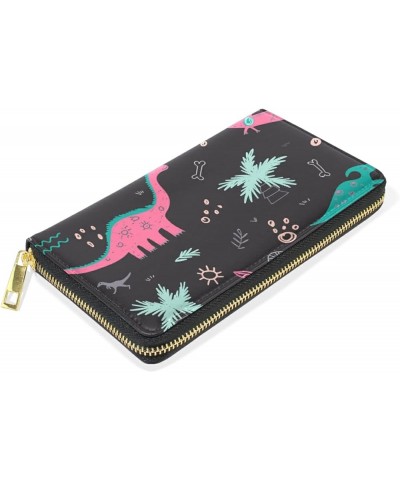 Pink Troquoise Dinosaur Dino Palm Leather Long Wallet Organizer with Zipper Purse Clutch Bag for Women Men 4.13"(L) x 7.48"(W...