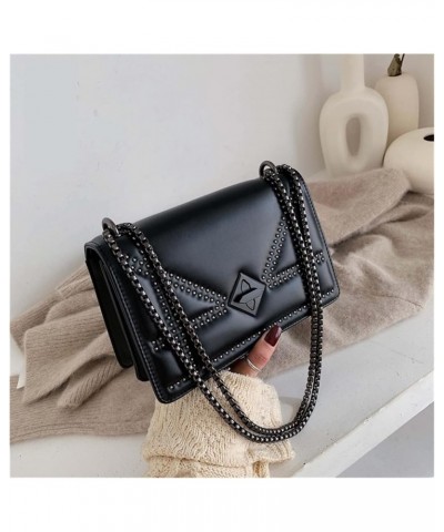 Chain Crossbody Bags for Women Fashion Rivet Luxury Ladies PU Leather Shoulder Messenger Bag Black (Color : Black, Size : 9 *...