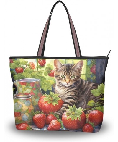 Women Tote Bags Strawberry Cute Cat Top Handle Satchel Handbags Shoulder Bag for Shopping 20848046 Cute Cat $11.54 Satchels