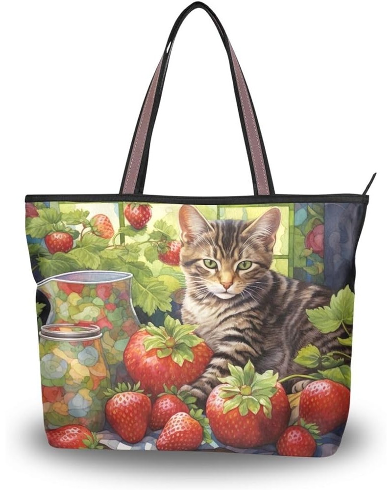 Women Tote Bags Strawberry Cute Cat Top Handle Satchel Handbags Shoulder Bag for Shopping 20848046 Cute Cat $11.54 Satchels