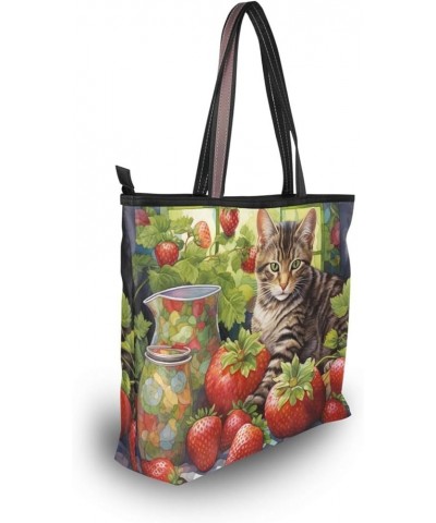 Women Tote Bags Strawberry Cute Cat Top Handle Satchel Handbags Shoulder Bag for Shopping 20848046 Cute Cat $11.54 Satchels