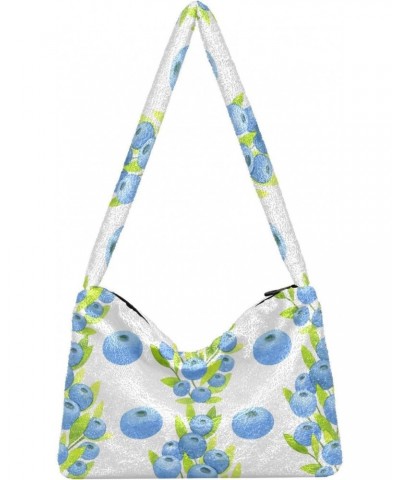 Green Leaves and Blue Blueberries Plush Underarm Bag Women's Tote Handbags Fluffy Shoulder Bag for Autumn and Winter $12.47 T...