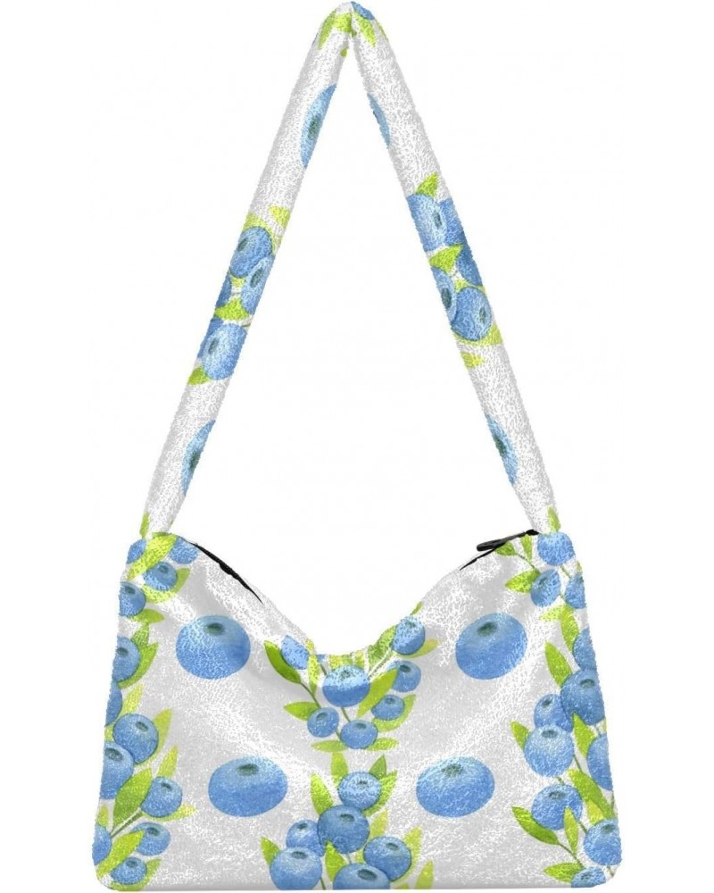 Green Leaves and Blue Blueberries Plush Underarm Bag Women's Tote Handbags Fluffy Shoulder Bag for Autumn and Winter $12.47 T...