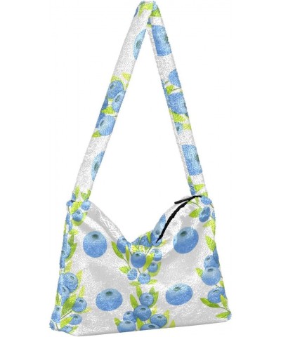 Green Leaves and Blue Blueberries Plush Underarm Bag Women's Tote Handbags Fluffy Shoulder Bag for Autumn and Winter $12.47 T...