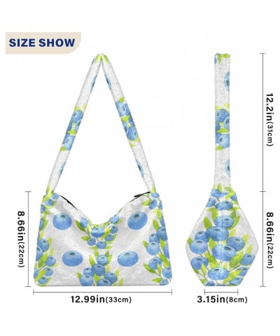 Green Leaves and Blue Blueberries Plush Underarm Bag Women's Tote Handbags Fluffy Shoulder Bag for Autumn and Winter $12.47 T...