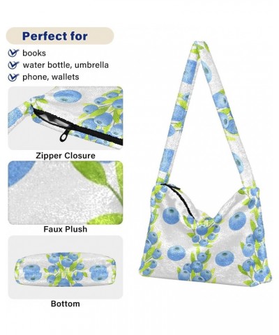 Green Leaves and Blue Blueberries Plush Underarm Bag Women's Tote Handbags Fluffy Shoulder Bag for Autumn and Winter $12.47 T...