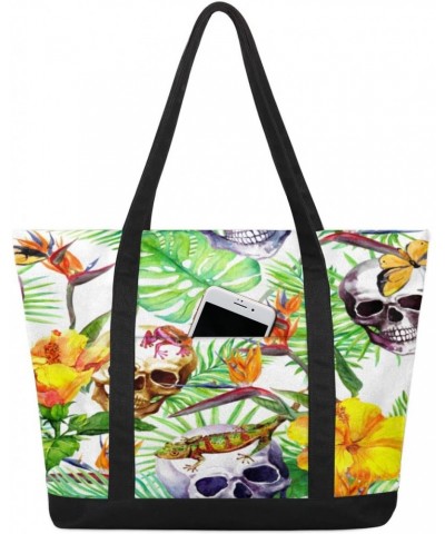 Tropic Palm Leaf Flower Canvas Totes Shoulder Bag for Women Girls, Skull Lizard Handbag with External Pockets Daily Essential...