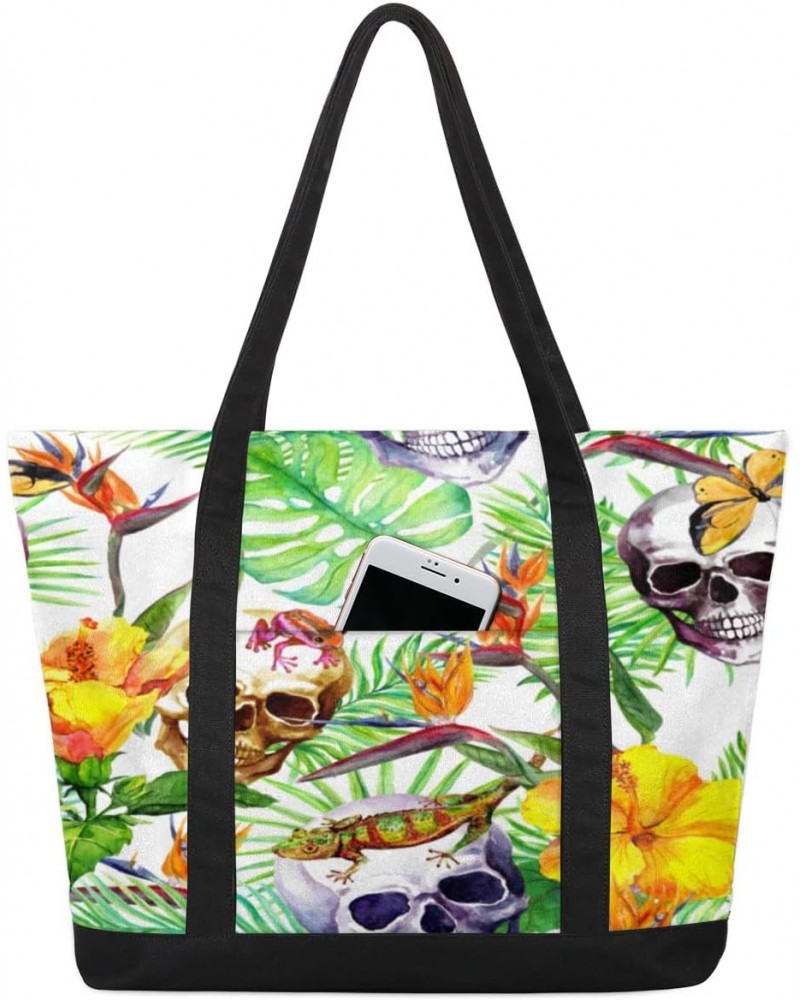 Tropic Palm Leaf Flower Canvas Totes Shoulder Bag for Women Girls, Skull Lizard Handbag with External Pockets Daily Essential...