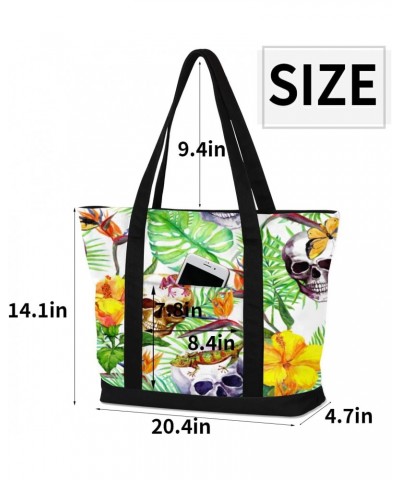 Tropic Palm Leaf Flower Canvas Totes Shoulder Bag for Women Girls, Skull Lizard Handbag with External Pockets Daily Essential...