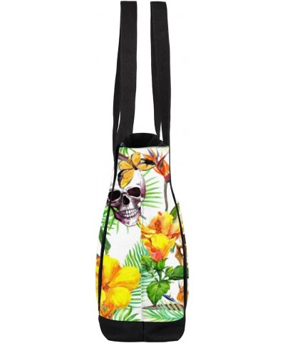 Tropic Palm Leaf Flower Canvas Totes Shoulder Bag for Women Girls, Skull Lizard Handbag with External Pockets Daily Essential...