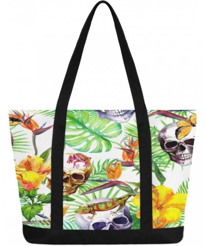 Tropic Palm Leaf Flower Canvas Totes Shoulder Bag for Women Girls, Skull Lizard Handbag with External Pockets Daily Essential...