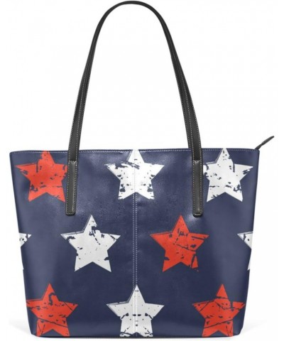 Vintage Red White Stars Tote Bag with Zipper PU Leather Handbags for Women Top Handle Ladies Shoulder Bag with External Pocke...