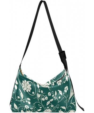 Floral Illustration on Black Background Boys Women'S Crossbody Handbags Fall Womens Tote Bag Sport Sling Bag Dark Green and W...