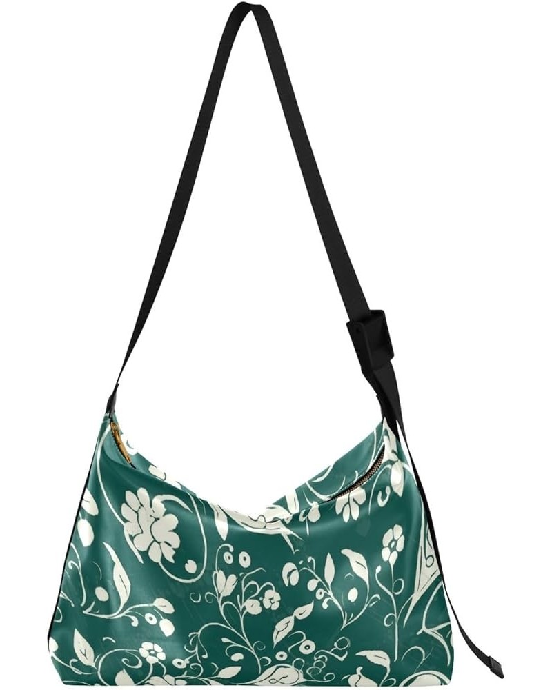 Floral Illustration on Black Background Boys Women'S Crossbody Handbags Fall Womens Tote Bag Sport Sling Bag Dark Green and W...