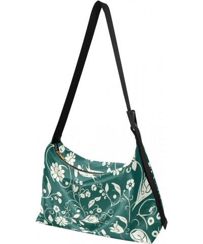 Floral Illustration on Black Background Boys Women'S Crossbody Handbags Fall Womens Tote Bag Sport Sling Bag Dark Green and W...