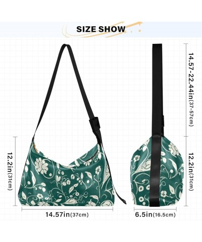 Floral Illustration on Black Background Boys Women'S Crossbody Handbags Fall Womens Tote Bag Sport Sling Bag Dark Green and W...