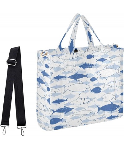 Womens Ocean Blue White Fishes Sharks Crossbody Satchel Tote Shoulder Bag for Work Travel Beach Gym Shopping Multi05 $14.84 T...