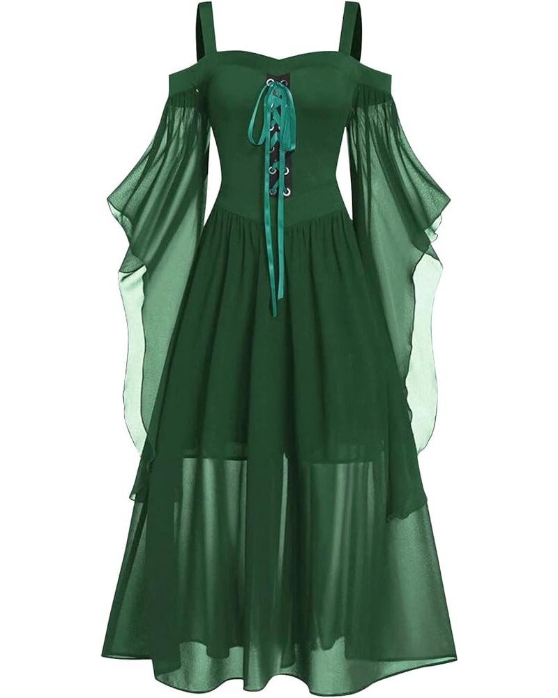 Womens Renaissance Costume Christmas Cosplay Party Dress Halloween Dress Cold Shoulder Butterfly Sleeve Dress 1-green $8.09 O...