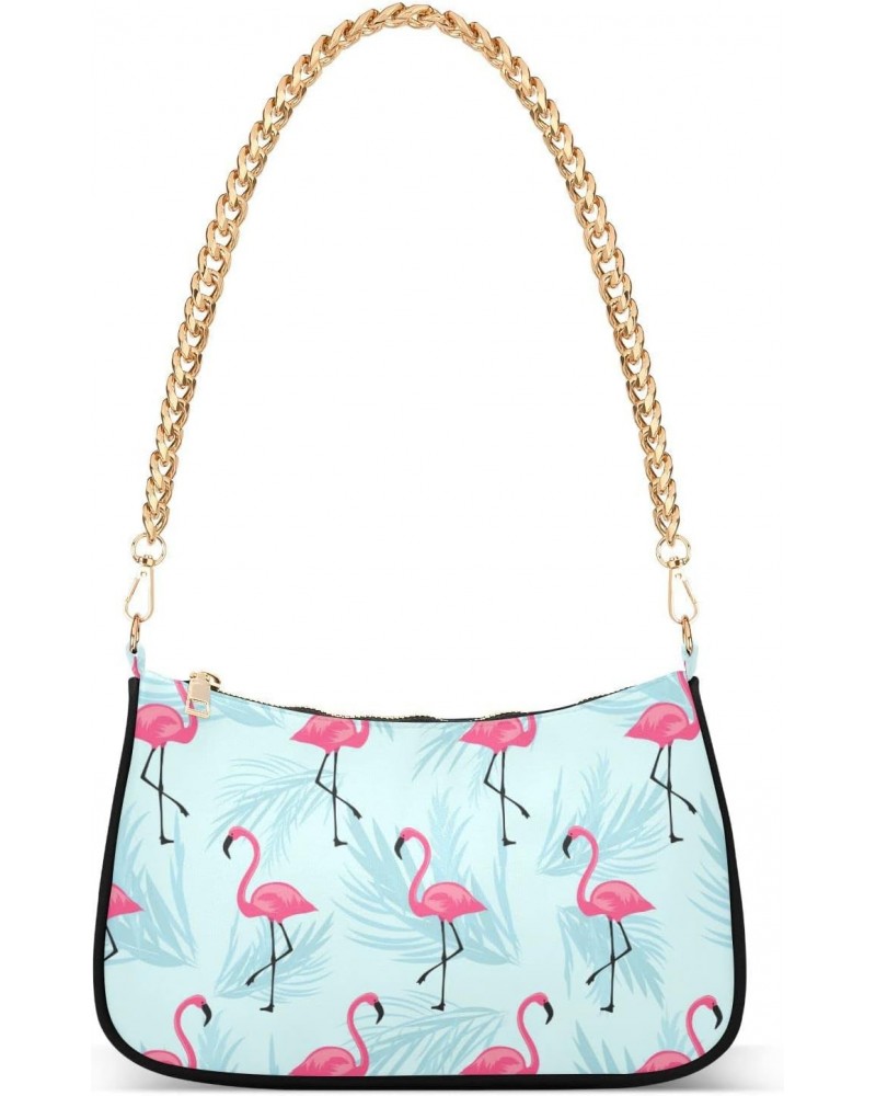 Pink Flamingo Shoulder Bag for Women Fabric Crescent Handbag with Zipper Chain Clutch Purses for Girls Travel Party Concert T...