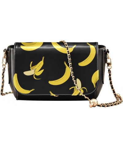 Cartoon Bananas Black PU Leather Crossbody Handbag for Women Shoulder Purse with Adjustable Metal Chain Waterproof Crossbody ...