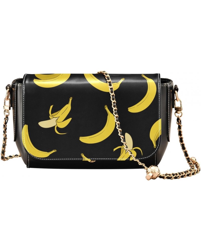 Cartoon Bananas Black PU Leather Crossbody Handbag for Women Shoulder Purse with Adjustable Metal Chain Waterproof Crossbody ...