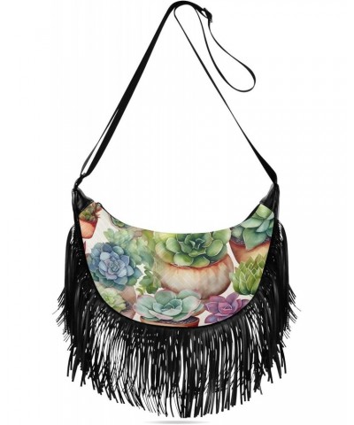 Succulents-floral Women Tassel Fringe Shoulder bag, Fringe Purse Crossbody, Women Tassel Hobo Bag with Zipper $17.04 Hobo Bags