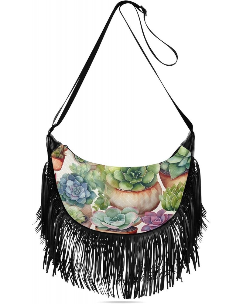 Succulents-floral Women Tassel Fringe Shoulder bag, Fringe Purse Crossbody, Women Tassel Hobo Bag with Zipper $17.04 Hobo Bags