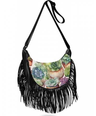 Succulents-floral Women Tassel Fringe Shoulder bag, Fringe Purse Crossbody, Women Tassel Hobo Bag with Zipper $17.04 Hobo Bags