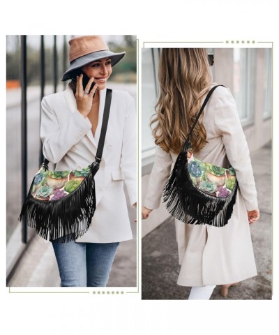 Succulents-floral Women Tassel Fringe Shoulder bag, Fringe Purse Crossbody, Women Tassel Hobo Bag with Zipper $17.04 Hobo Bags