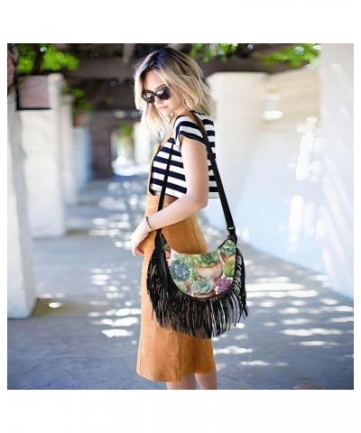 Succulents-floral Women Tassel Fringe Shoulder bag, Fringe Purse Crossbody, Women Tassel Hobo Bag with Zipper $17.04 Hobo Bags