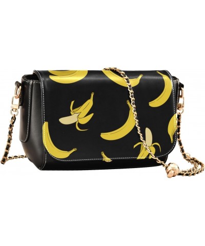 Cartoon Bananas Black PU Leather Crossbody Handbag for Women Shoulder Purse with Adjustable Metal Chain Waterproof Crossbody ...